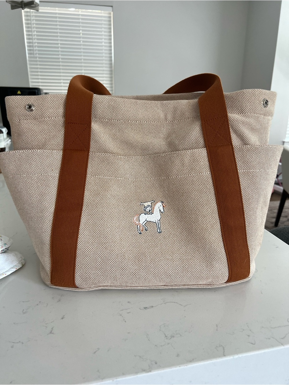 Hermes Beige Canvas Baby Bag with Brown Straps and Horse Motif and changing pad